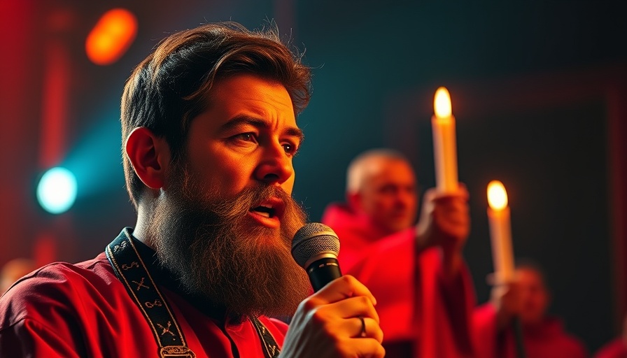 Bearded man speaking about 'The Miracle of Holy Fire,' vibrant red lighting.