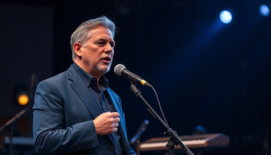 Middle-aged man in blue suit speaking on stage with music equipment.