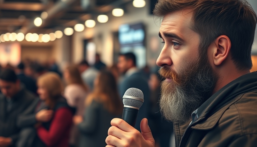 Bearded man in interview setting, engaging expression.