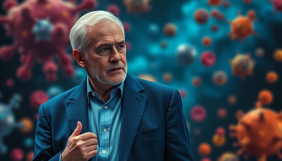 Thoughtful man in blue blazer with abstract molecular background.