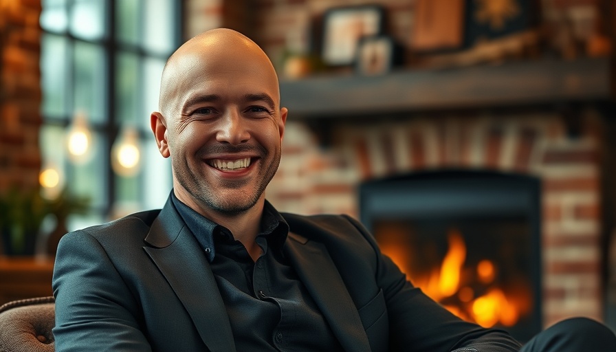 Bald man smiling warmly in cozy interior with fireplace.