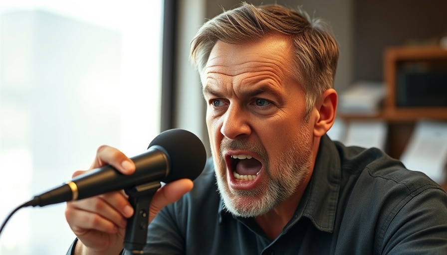 Middle-aged man passionately speaking in a studio setting.