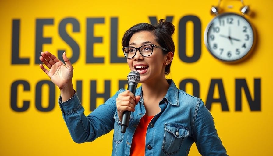 Patricia King speaking passionately with microphone against a bold yellow background.