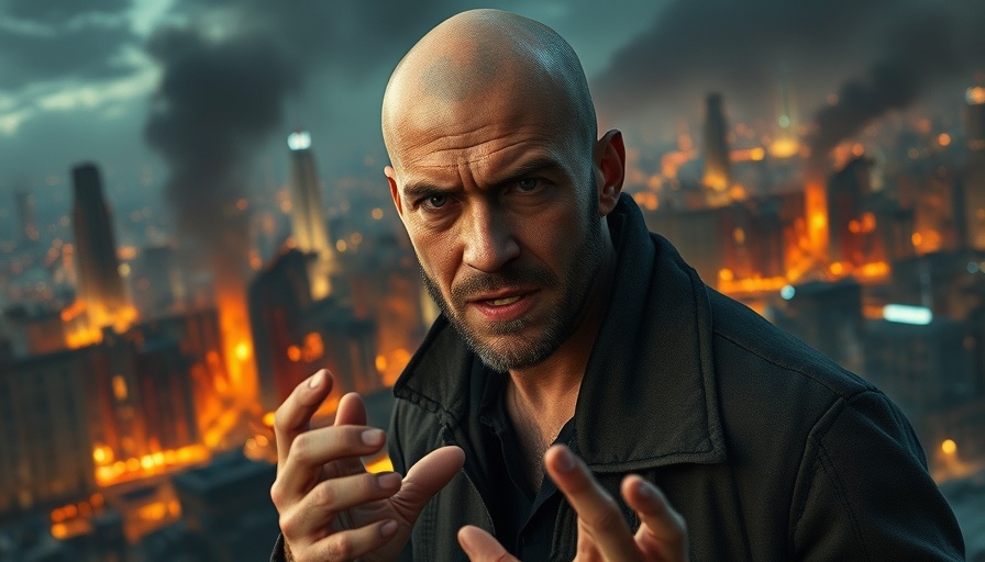 Joseph Z prophecy insights with intense gesture and fiery city backdrop.
