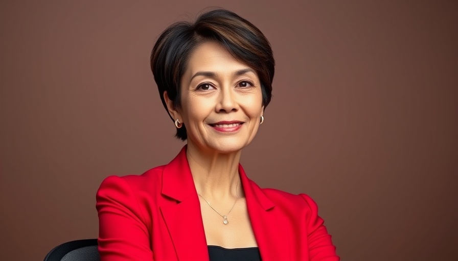 Portrait of a confident woman in red and black against a brown text overlay.
