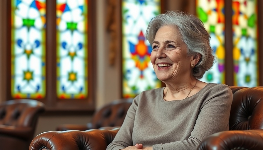 Middle-aged woman speaking in a setting with stained glass.