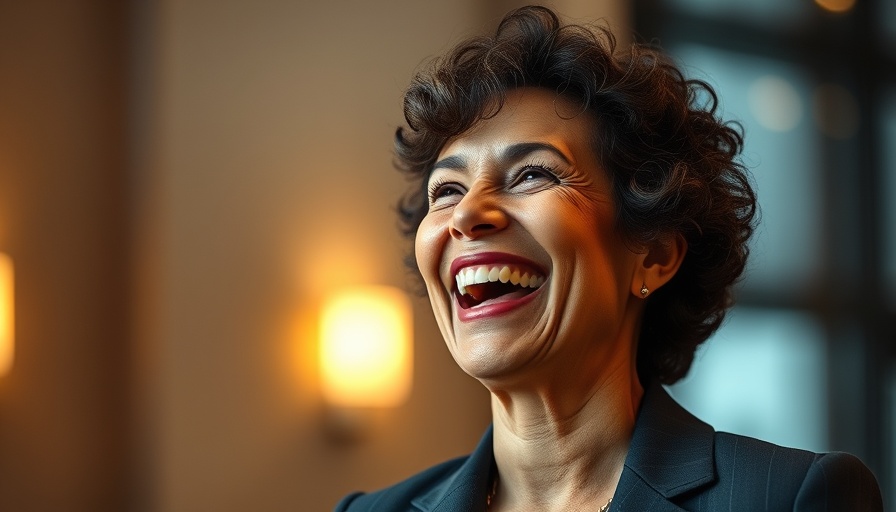 Joyful mature woman in formal attire, laughing warmly indoors.