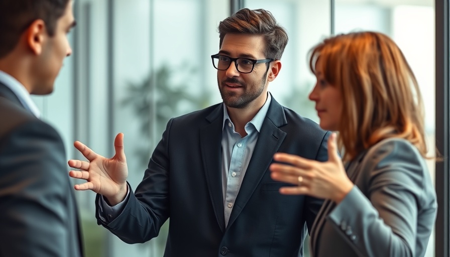 Confident professional in office setting, expressive gesture.