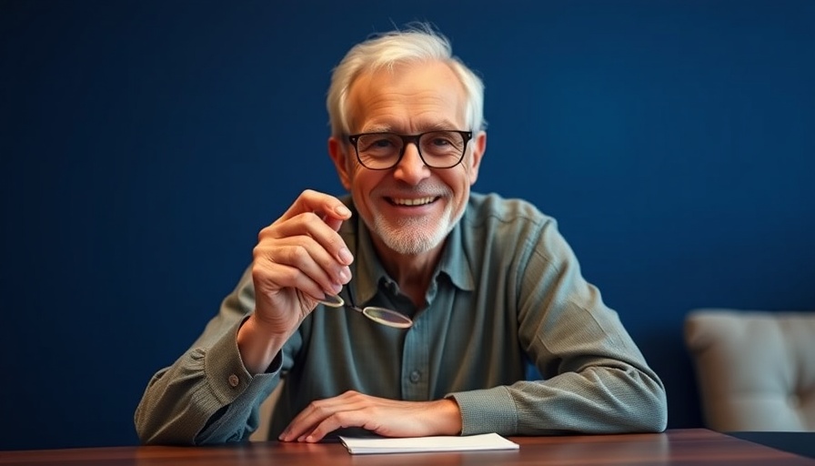 Smiling older man with glasses, blue background, God loves to save.