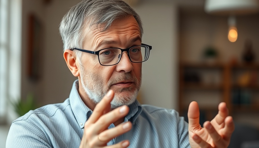 Middle-aged man wearing glasses explaining concept indoors.