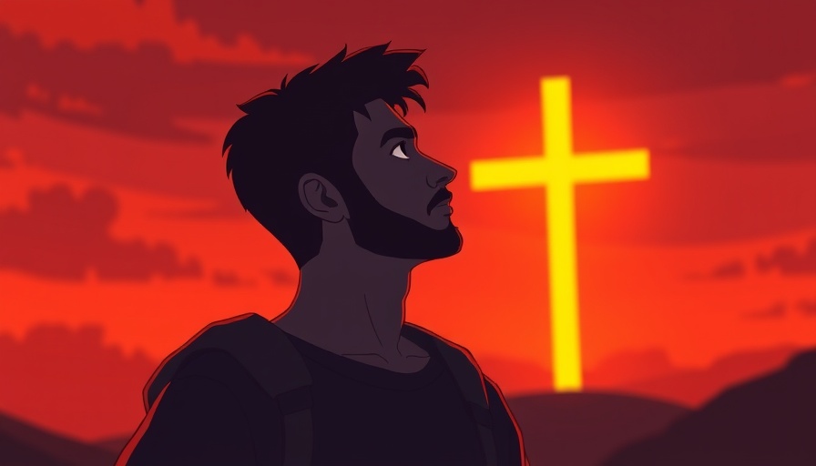 JosephZ silhouette gazing at a glowing cross in warm tones.