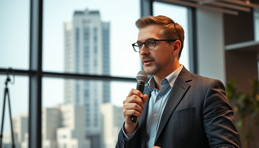Mature male host presenting in studio with cityscape view.