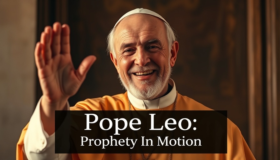 Older man dressed as pope waving with text 'Pope Leo: Prophecy In Motion'.
