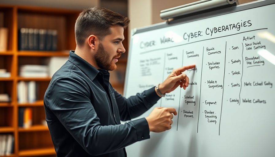 Man explaining cyber warfare strategies on whiteboard in office.