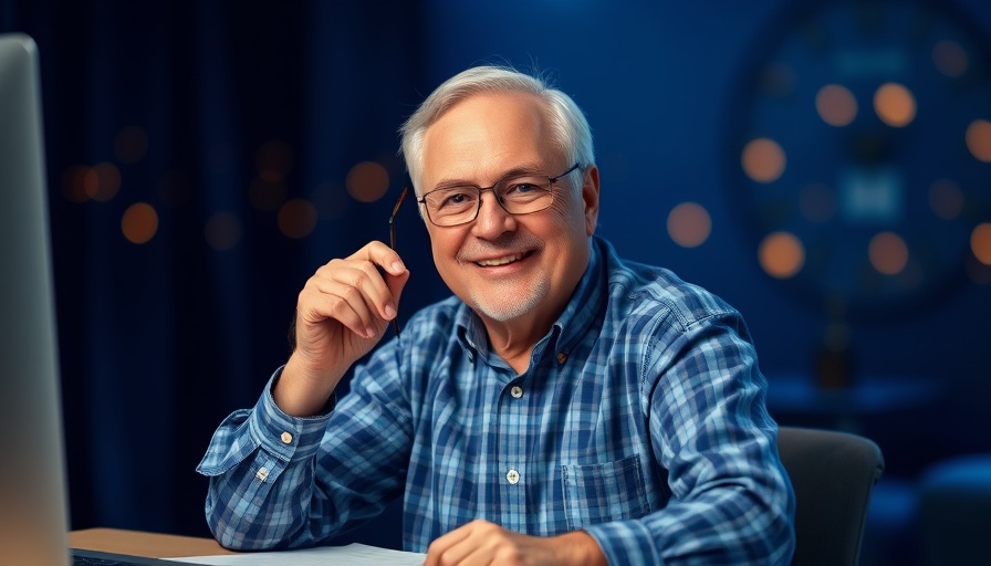 Smiling older man, Our God Loves To Save theme, in a studio setting.