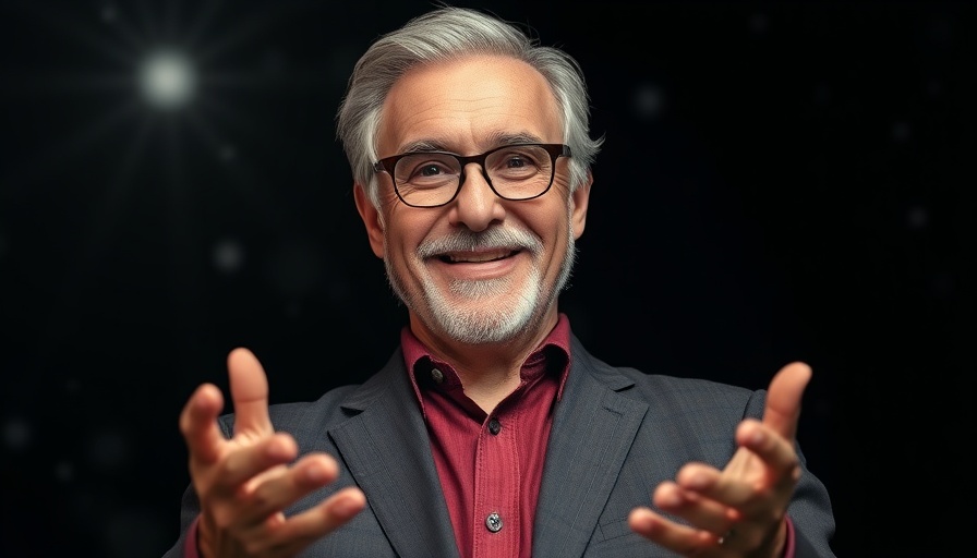 Smiling man presenting supernatural business strategy concept.