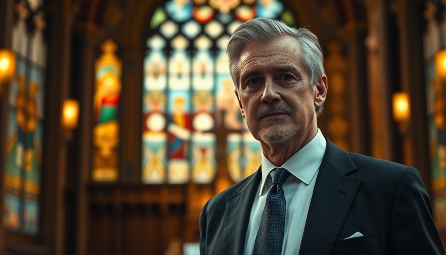 Middle-aged man indoors with stained-glass background.