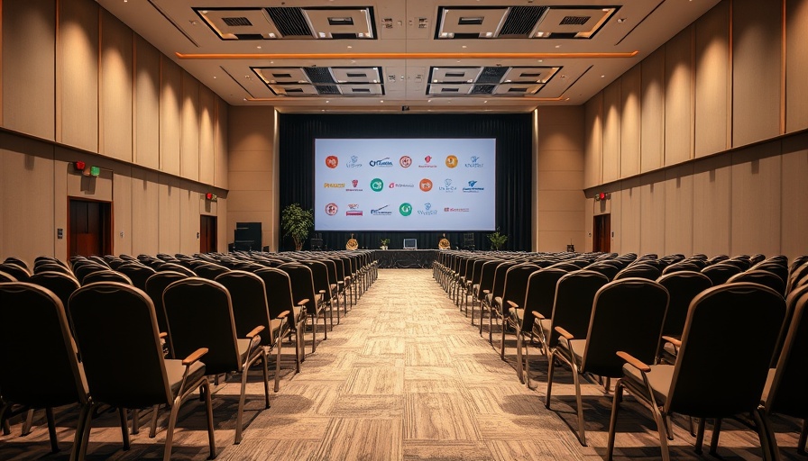 Virtual dream conference setup, empty chairs and stage display.