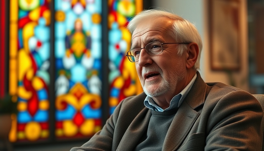 Elderly man speaking in a colorful studio setting.