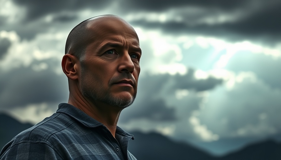 Contemplative scene with a man pondering beneath a stormy sky, capturing the essence of how to hear the voice of God.