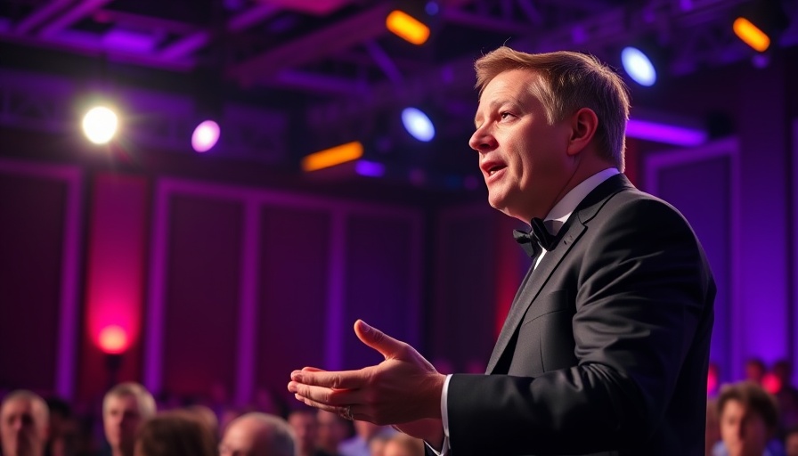 Eloquent speaker addressing audience on vibrant stage with purple lighting.
