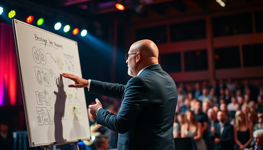 Speaker at Red Church event presenting on stage with whiteboard.