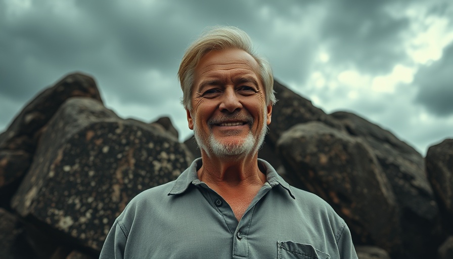 Confident man standing firmly in front of rocks, symbolizing faith.