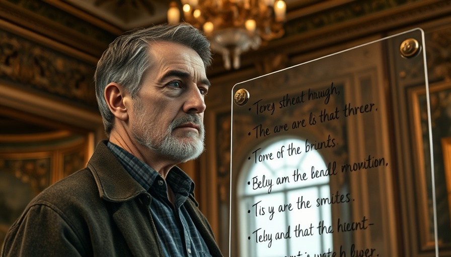 Thoughtful man reflecting beside a board with text in an ornate setting.
