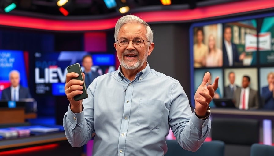Man holding item on TV show with educational theme, cozy studio.