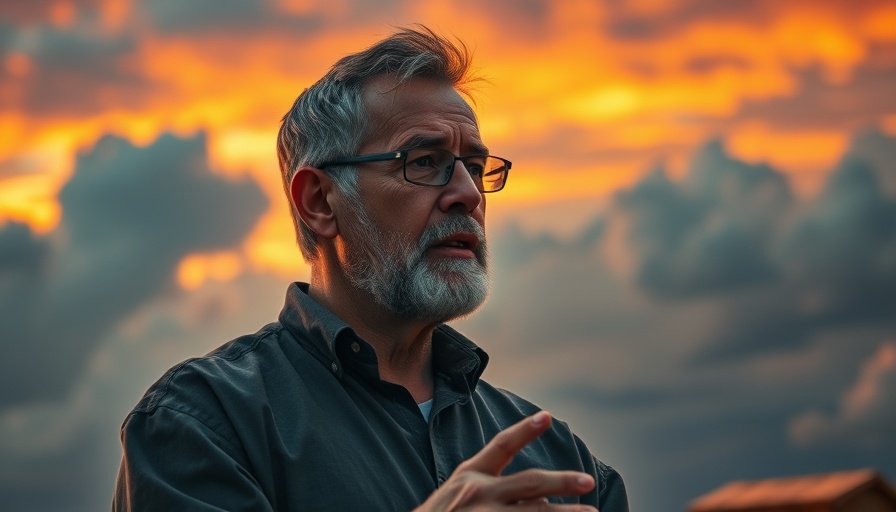 Mature man discussing end times, dramatic sky background.