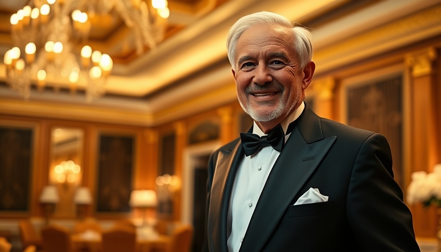 Elderly man in tuxedo, confident smile, with a regal setting.