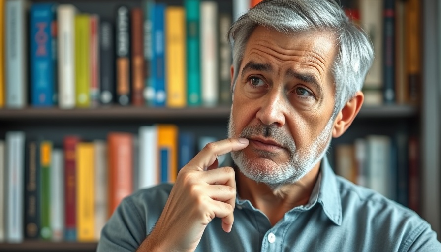Thoughtful middle-aged man in front of bookshelf, Lance Wallnau topic.