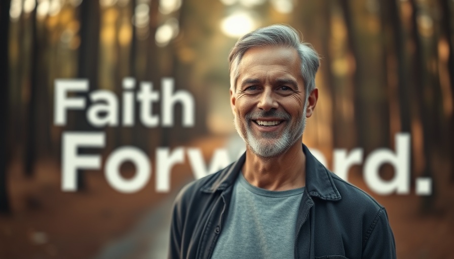 Mature man smiling with 'Faith Forward' background promoting faith growth.