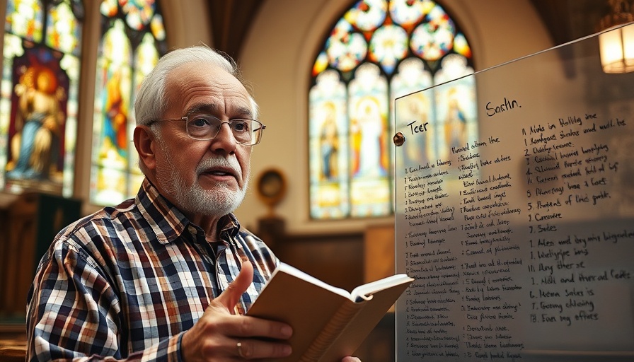 Elderly man in church teaching faith with stained glass.