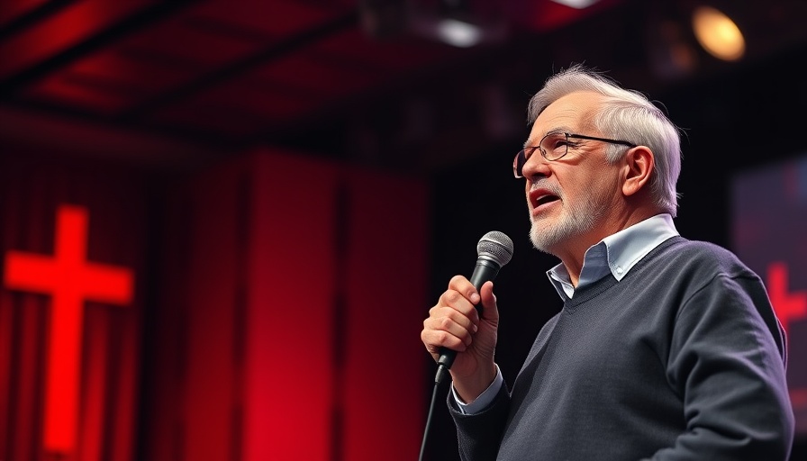 Older man speaking passionately on stage with vibrant church backdrop.
