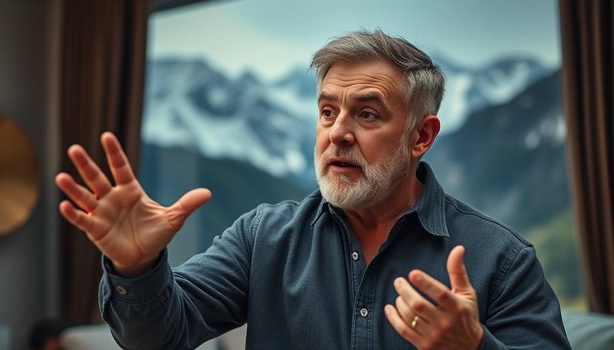 Middle-aged man passionately speaking about judgment ministry with mountain backdrop.