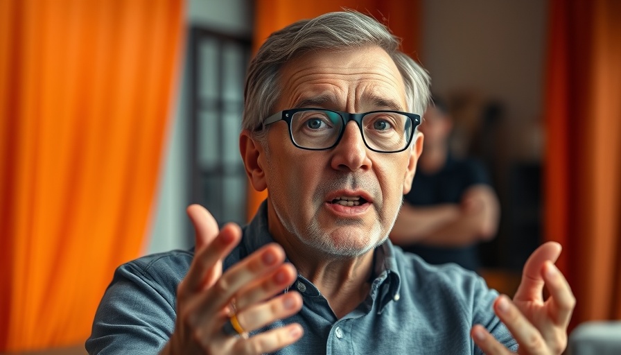 Middle-aged man discussing 'Renewal of Our Minds' with expressive gesture.