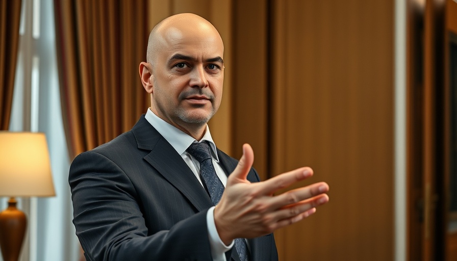 Bald man presenting with gesture in elegant setting, warm lighting.