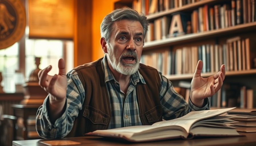 Man passionately speaking about theology, surrounded by books, in warm light.