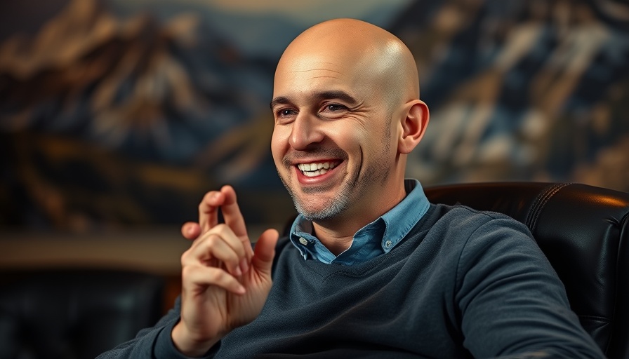 Smiling man with hands together, speaking energetically, indoor setting