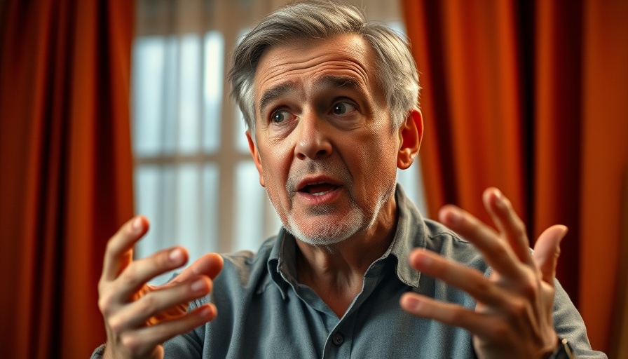Middle-aged man passionately speaking in a warm setting.