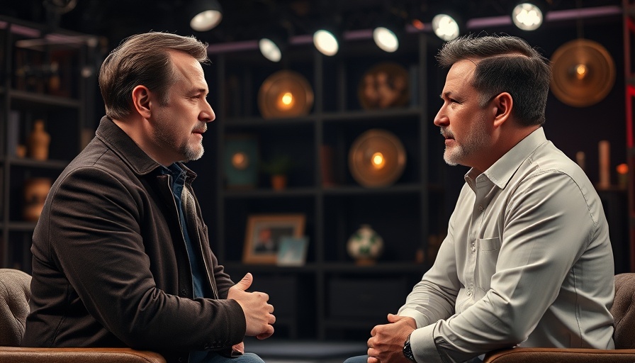 Two men discussing Pentecost and America’s 9 Harbingers on a talk show set.