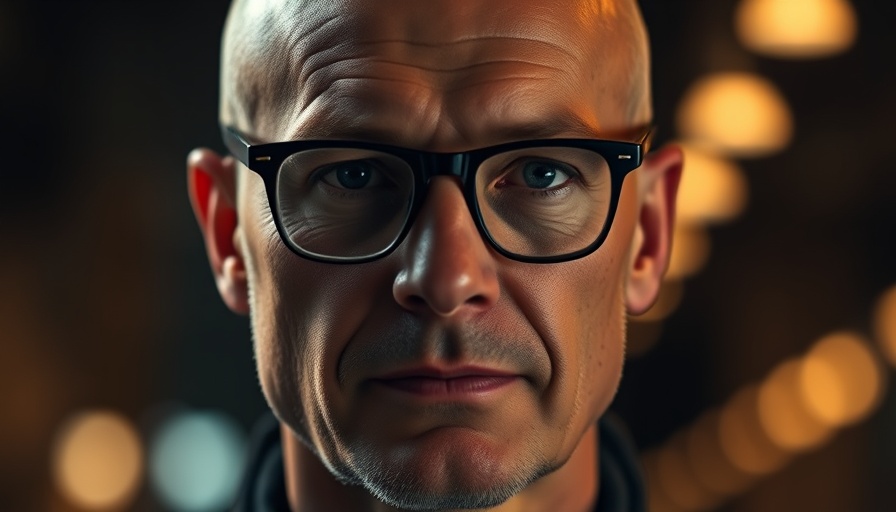 Portrait of a bald man with glasses and text overlay, warm lighting.