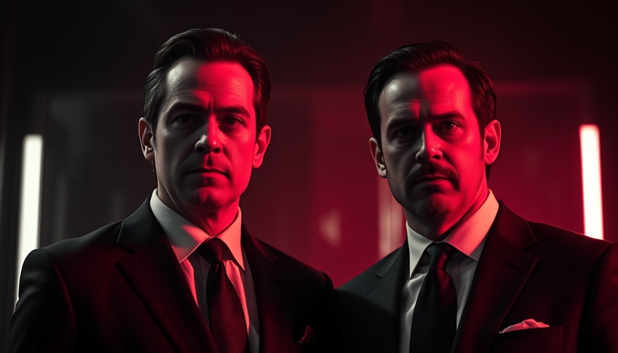 Two men in suits with red light accent in a dark setting.