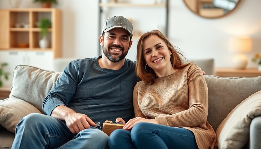 Casual couple sitting indoors smiling, Baby Sophia Joy related.