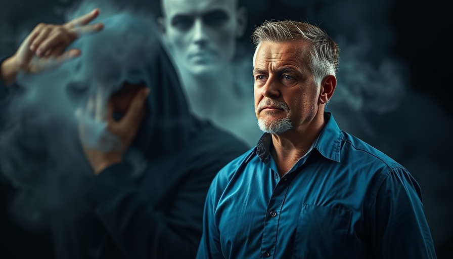 Mature man and shadowed figure with smoke in spiritual attack scenario.