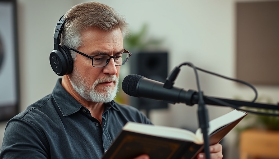 Focused man reading with microphone in a studio setting.