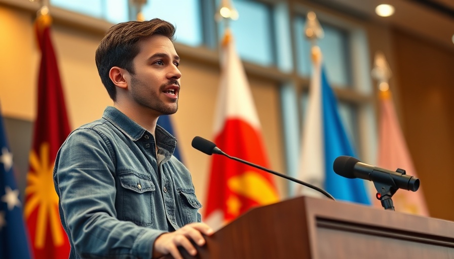 Young man delivering a speech on economic renaissance with national flags.