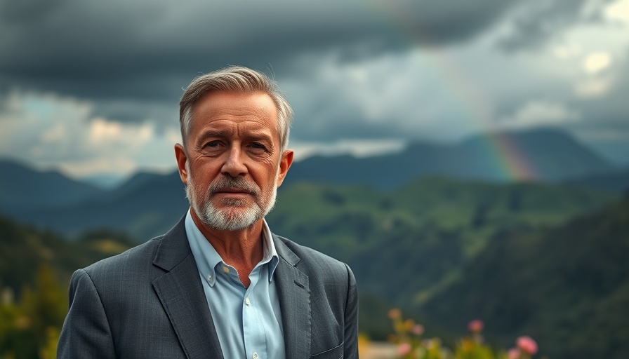 Rick Renner in front of tranquil mountain scene with rainbow.