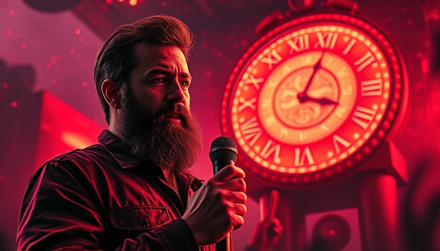 Intense scene with glowing clock and cosmic background.